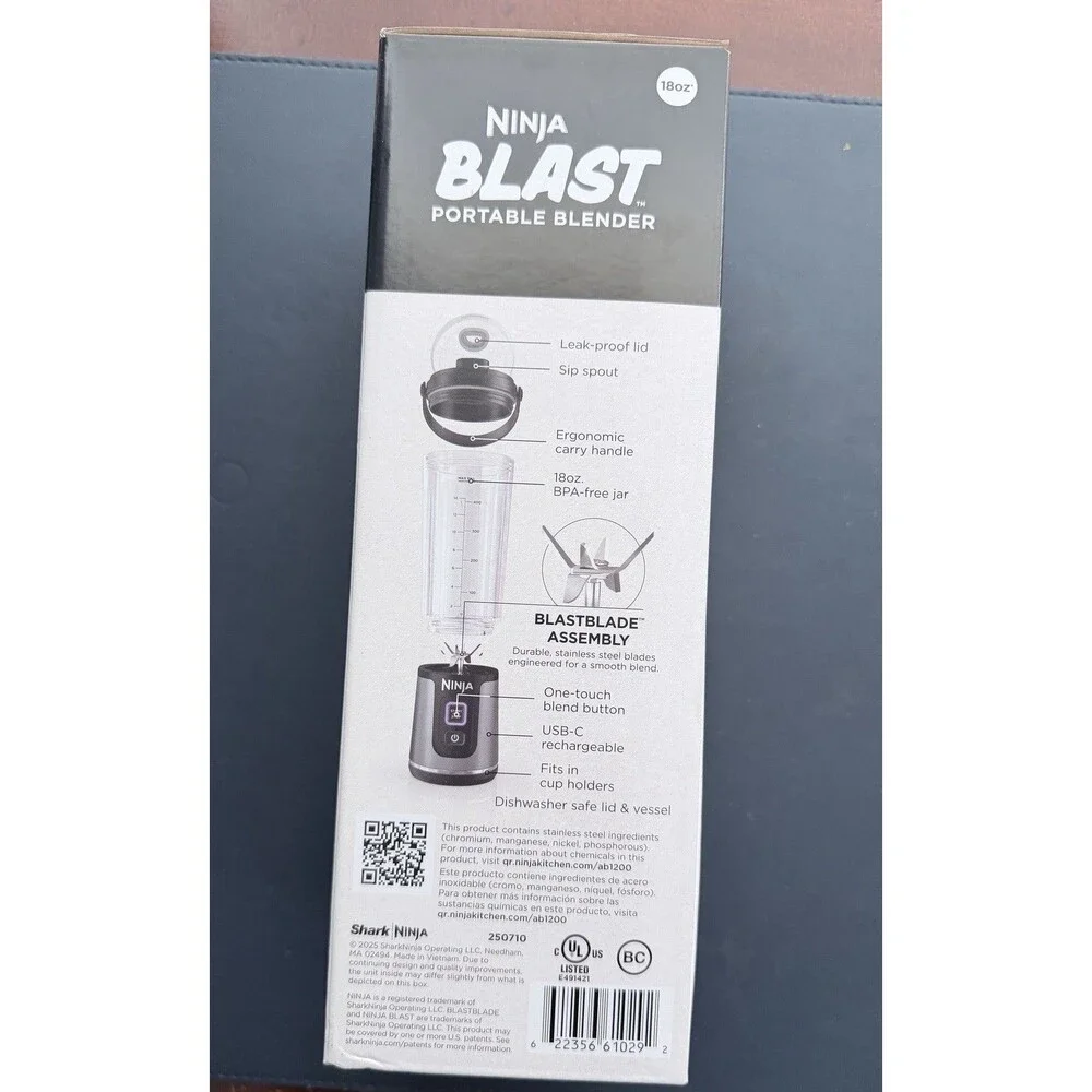 Ninja Blast Portable Personal Blender 18 oz USB-C Rechargeable Gray, Crush Ice